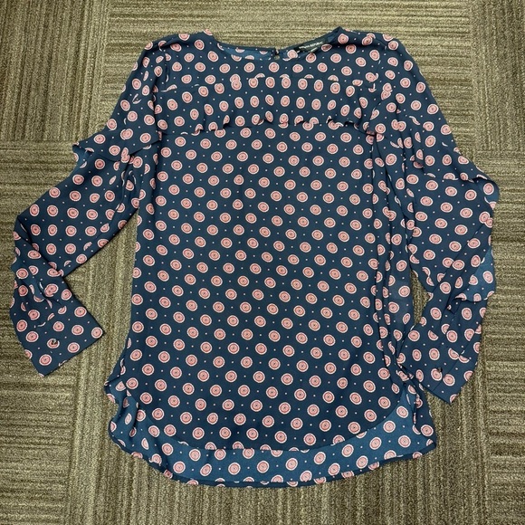 Banana Republic Tops - Banana Republic Long Sleeve Blouse Circular Print Ruffle Detail Red and Navy